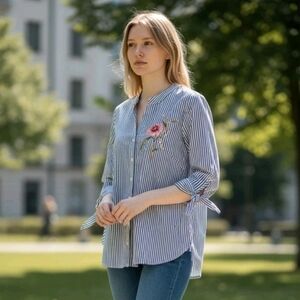 Zac & Rachel Women's Blue White Stripe Embroidered Button-Up Floral Causal Clean